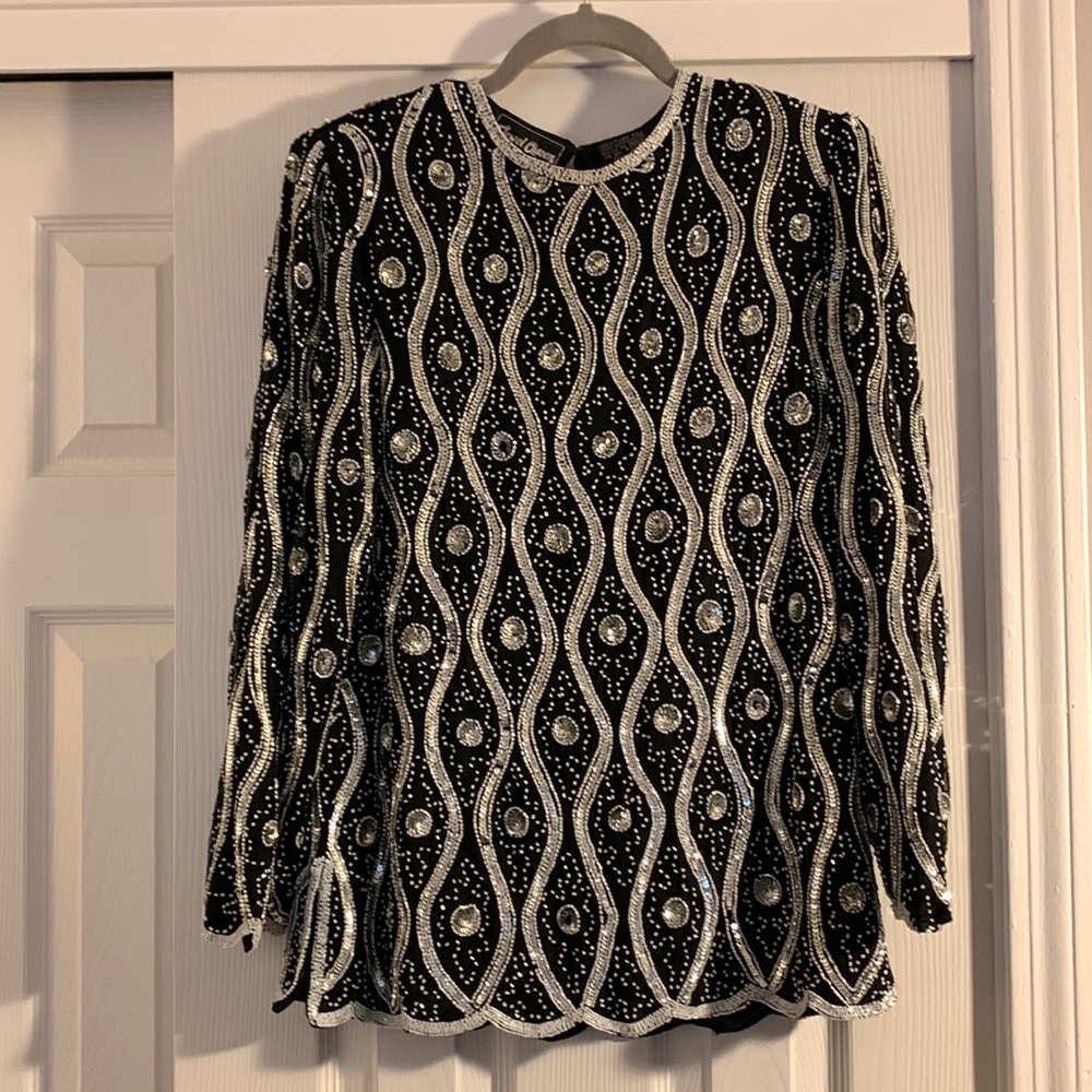 Jewel Queen gorgeous 100% silk top adorned with silver sequins/white beading!